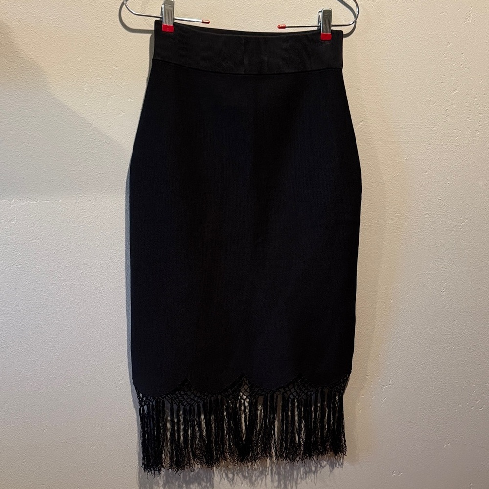 A.L.C Scalloped Black Fringe Hem Pencil Bodycon High Waisted Tassel Skirt